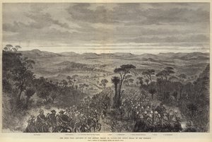 A zulu háború, a brit csapatok előrenyomulása Ulundinál, a király Kraal a távolban