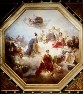 Franciaország a törvényhozó királyok és francia jogtanácsosok közepette megkapja XVIII. Lajos alkotmányos chartáját, a párizsi Louvre-i Camondo-terem mennyezetét.