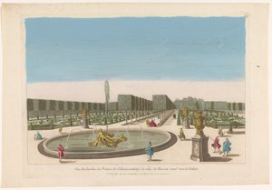 Kilátás a szökőkútra a Palais Schwarzenberg kertjéből, Bécs közelében Vue du jardin du Prince de Schwarzenberg du côte du bassin vers le palais körül (cím a tárgyon) alkotó: Mesard