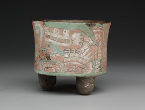 Hengeres háromlábú edény két szemüveges figurával, Kr. e. 400-650 (kerámia, stukkó és festék)