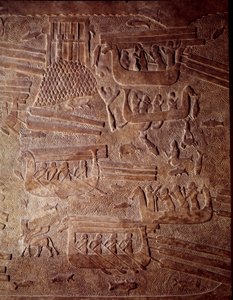 Mezopotámia: a fa Libanonba szállítását bemutató tengeri jelenet. Részlet egy alacsony domborműves albaszterről Khorsabadból (Khunsabad). Sargon Regne II. Kr.e. 710. Párizs, Louvre Múzeum alkotó: Mesopotamian Mesopotamian
