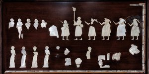 Mezopotámia: Mari zászlójának mozaik elemei bitumenben, kagylóban és kőben. Kr.e. 3500 kb. Mari Istar templomából. V 0,53x0,72 m Párizs, Louvre Múzeum alkotó: Mesopotamian Mesopotamian