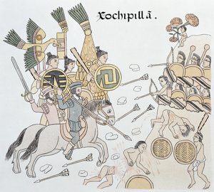 Xochipilla-i csata a spanyolok és az aztékok között, illusztráció egy mexikói indián képtörténet fakszimiléjéből, Lienzo de Tlaxcala 1550 körül, 1892