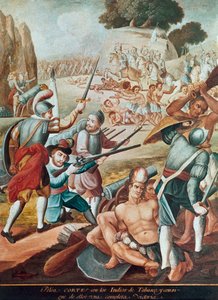 Mexikó meghódítása: csata Hernando Cortes (Hernan Cortez) (1485-1547) és Tabasco indiánjai ellen 1519-ben"" A mexikói iskola festménye