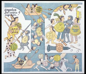 Utolsó csata Hernando Cortes (1485-1547) és Cuauhtemoc között Tenochtitlanban, 1521. augusztus, illusztráció egy mexikói indián képtörténet fakszimiléjéből, Lienzo de Tlaxcala 1550 körül, 1892 (colo). alkotó: Mexican School