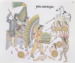Hernando Cortes (1485-1547), aki Tenochtitlan ostrom alatt áll, elhatározza, hogy elhagyja a várost. Illusztráció egy mexikói indián képtörténet fakszimiléjéből, Lienzo de Tlaxcala 1550 körül, 1892 (színes litó) alkotó: Mexican School
