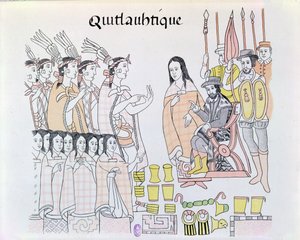 La Malinche (Dona Marina) tolmácsként tevékenykedik Montezuma (1466-1520) nők és arany bemutatásakor Hernando Cortes (1485-1547) illusztrációja során egy mexikói indián kép fakszimiléjéről