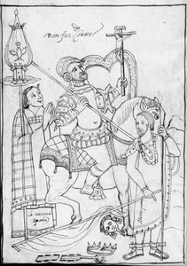 MS Hunter 242 f.246v, Cortes lóháton, a legyőzött Moctezuma azték király felett áll, Diego Munoz Camargo illusztrációja a Historia de Tlaxcala-ból alkotó: Mexican School