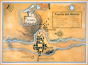A San Antonio-i Alamo terület térképe Santa Anna eredeti csatatértérképe alapján