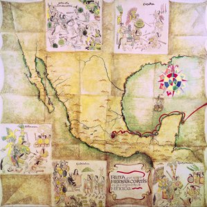 Hernando Cortes (1485-1547) által követett útvonal térképe Mexikó meghódítása során