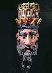 Egy máguskirály maszkja, amelyet felvonulásokon használtak Vízkereszt ünnepére Mexikóban január 6-án (festett fa)