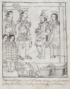 Montezuma találkozik Cortez Ms Hunterrel 242 f.255r Mexikó meghódítása, a Historia de Tlaxcala-ból, Diego Munoz Camargo alkotó: Mexican School