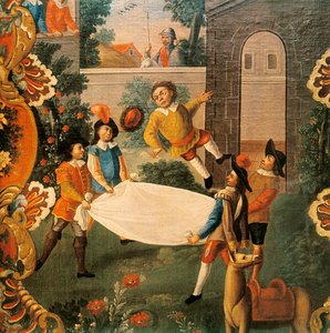 Jelenet a csatorna Don Quijotéjából (El ingenioso Hidalgo Don Quijote de la Mancha), Miguel de Cervantes (1547-1616) XVIII. század (festmény) alkotó: Mexican School
