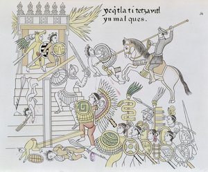 A bálványok égése, Hernan Cortes, illusztráció egy mexikói indián képtörténet fakszimiléjéből, Lienzo de Tlaxcala 1550 körül, 1892 (színes metszet) alkotó: Mexican School