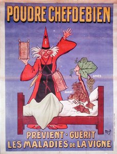 A „La Poudre Chefdebien” plakátot reklámozza a szőlő betegségeinek megelőzésére és gyógyítására