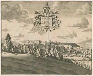 Tutbury kastély – Távoli kilátás: rézmetszet, nd [c 1686] alkotó: Michael Burghers