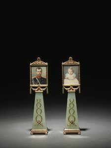 Keretes miniatúrák: II. Miklós cár portréja és Olga nagyhercegnő portréja, Peter Carl Fabergé cége