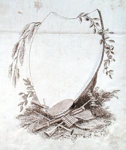 Szív alakú pajzs Michael Faraday albumának hangszereivel (toll és tinta papíron)