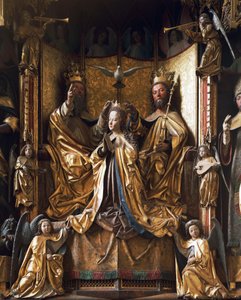 Szűzoltár koronázása, 1470-1480 körül, Michael Pacher (meghalt 1498-ban), faragott fa, régi Gries plébániatemplom, San Quirino, Bolzano, Trentino-Alto Adige, Olaszország