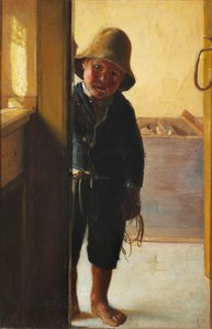 Egy halász fia néz be egy ajtón. alkotó: Michael Peter Ancher