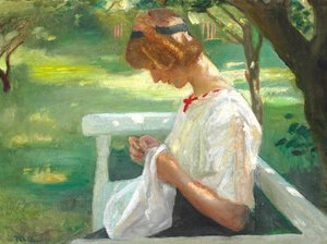 Ella Saxild egy nyári napon a kertben varr. alkotó: Michael Peter Ancher