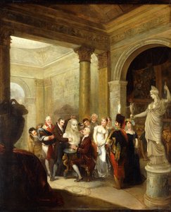 Capriccio-belső egy csoport hölgyekkel és urakkal, akik Antinous mellszobrát vizsgálják, jobbra a Remény Athénéval és egy Képgalériával; balra kupolás szalon, 1811