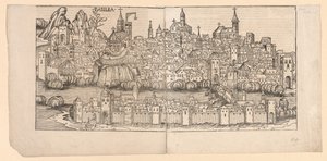 Nürnbergi krónika: Bázel topográfiai képe, Svájc, 1493. alkotó: Michael Wolgemut