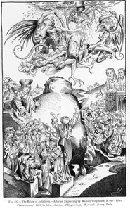 Az Antikrisztus uralma, a Liber Chronicarumból, 1493-ban, illusztráció: Tudomány és irodalom a középkorban és a reneszánszban, írta és vésette Paul Lacroix, 1878 (metszet