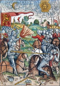 A gibeoni csata és a nap és a hold álló helyzete Joshua kérésére, Koberger Nürnbergben megjelent „Le tresor, ou recipient de la vraie richesse du salut de la beatitude eternelle” című művéből.