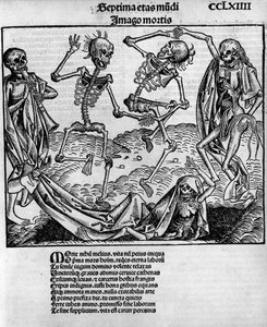 Hátborzongató táncjelenet, csontvázakkal, Hartmann Schedel (1440-1514) „Nürnbergi krónikái”-ban, Anton Koberger Nürnbergben szerkesztette, július 12. alkotó: Michael and Pleydenwurff W. (d.1494) Wolgemuth