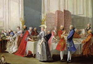 Angol tea a Salon des Quatre Glacesben a Conti herceg házában (1717-76) Palais du Temple, részlet a vendégekről, 1766