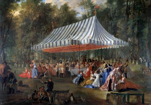Ünnepet adott Louis Francois Joseph de Bourbon, Conti hercege Charles Guillaume Ferdinánd Brunswick Luebourg örökös hercegének (1735-1806) a sátor alatt, a cassani erdőben, az Ádám-szigeten 1766-ban Bankett a parkban. Michel Ba festménye
