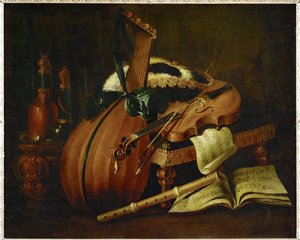 Lant, hegedű, fuvola, kotta és háromszögletű kalap ... alkotó: Michel Boyer