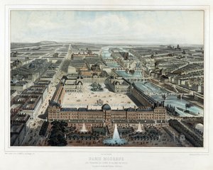 Modern Párizs - A Tuileries, a Louvre és a Rue de Rivoli, kilátás a Jardin des Tuileries-ből (északnyugat), kocsma. 1850 (színes litográfia)