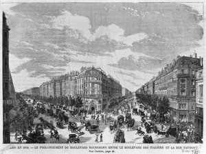 Párizs 1878-ban, a Boulevard Haussmann a Boulevard des Italiens és a rue Taitbout között húzódott, Louis Dumont (szül. 1822) metszete a 19. század végén