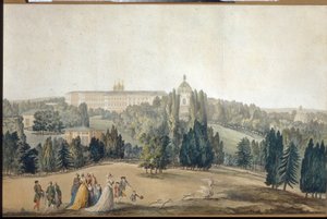 Kilátás a Tsarkoye Selo-ra (Szentpétervár). II. Katalin császárné (1729-1796) sétánya. (Csarkoye Selo látképe. II. Katalin császárné sétál). Michel Francois Damam Demartrait (1763-1827) alkotása, metszet és akvarell. francia művészet