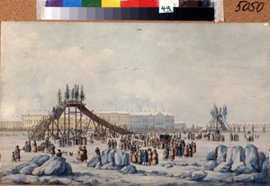 Hullámvasút rámpa a Néván húshagyónál (A Roller coaster on the Neva at Shrovetide). Michel Francois Damam Demartrait (1763-1827) munkája. Akvarell és tus papírra, 1810 körül, 33 x 54 cm, francia művészet, klasszicizmus. A. Puskin emlékmű M
