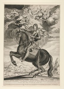 XIII Lajos (Bourbon) (1601-1603) lovas portréja 33 évesen. A táj Callot után
