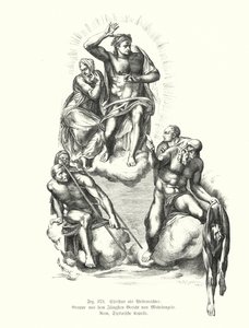 Bíró Krisztus, részlet Michelangelo utolsó ítéletéből, festmény a Sixtus-kápolna oltárfalán, Szent Péter-bazilika, Róma, Olaszország (metszet)