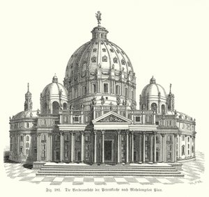 Kilátás Michelangelo tervéről a Szent Péter-bazilika homlokzatára, Róma, Olaszország (metszet)