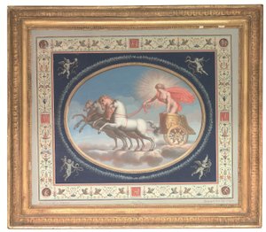 A négy díszítőpanelből álló sorozat egyik darabja, amely Apollót, Marsot, Vénuszt és Merkúrt ábrázolja szekereken, pompeji groteszkekkel körülvéve (metszet, testszín, papír). alkotó: Michelangelo (studio of) Maestri