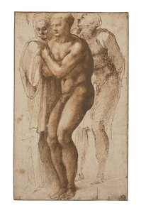 Akt férfi (Masaccio után) és mögötte két alak (toll és két barna tintaárnyalat, barna tus, vízjel) alkotó: Michelangelo Buonarroti