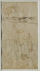 Különböző figurákat ábrázoló tanulmányok, Petrarca szonettje alapján készült felirat, 1506 körül ... alkotó: Michelangelo Buonarroti