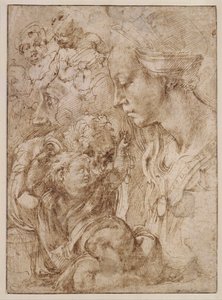 "Tanulmányok egy szent családnak Keresztelő Jánossal mint gyermekkel" (Studies for a Holy Family with John the Baptist as Child) Michelangelo Buonarroti (1475-1564) rajza - 1505 - Toll, ecset, indiai tinta papíron Dim 28, 7x20 ,9 cm Staatliche Museen, Berl alkotó: Michelangelo Buonarroti