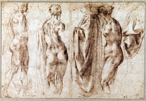 Négy álló figurából és egy kendőből álló csoport Rajz Michelangelo Buonarroti dit Michelangelo (Michelangelo vagy Michel Ange) tollában alkotó: Michelangelo Buonarroti