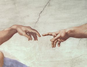 Isten és Ádám kezei, részlet Ádám teremtéséből, a Sixtusi mennyezetből, 1511 (restaurálás előtt)