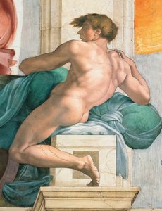 Az Ignudo Sixtus-kápolna mennyezete a Vatikánban, 1508-1512. alkotó: Michelangelo Buonarroti