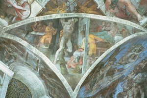 A Sixtus-kápolna mennyezete: Hámán (spandrel) (restaurálás előtt) alkotó: Michelangelo Buonarroti