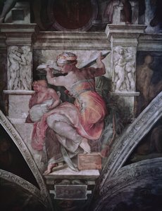 A Sixtus-kápolna mennyezete: Líbiai Szibilla, 1508-1510 körül (restaurálás előtt) alkotó: Michelangelo Buonarroti
