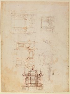 Tanulmányok diadalív formájú építészeti kompozícióhoz, 1516 körül (fekete kréta tollal és barna tintával a papíron) (recto) (a verset lásd: 191776) alkotó: Michelangelo Buonarroti